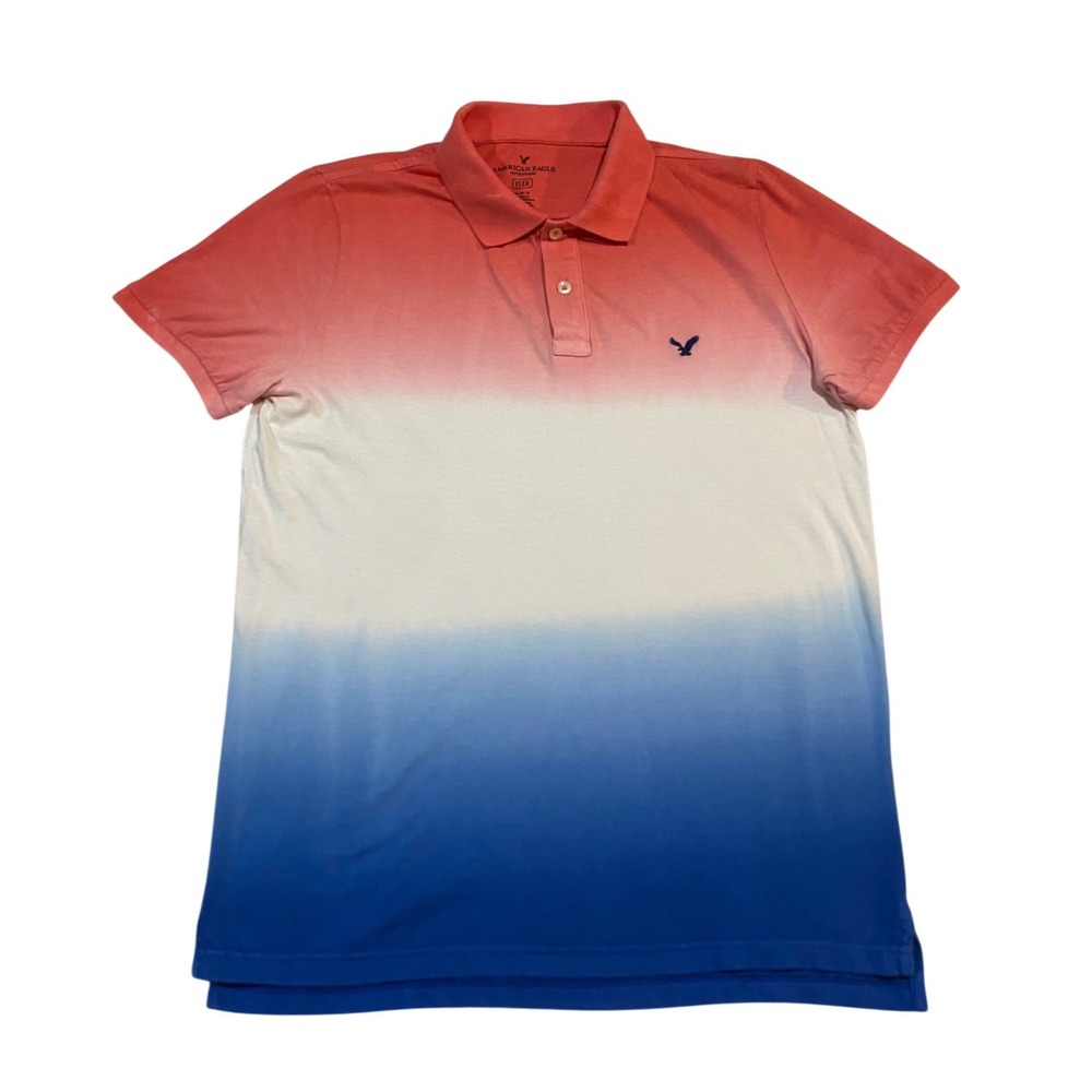 American Eagle Mens Flex Ombre Polo‎ Shirt Red White Blue Dip Dye Classic Fit M
